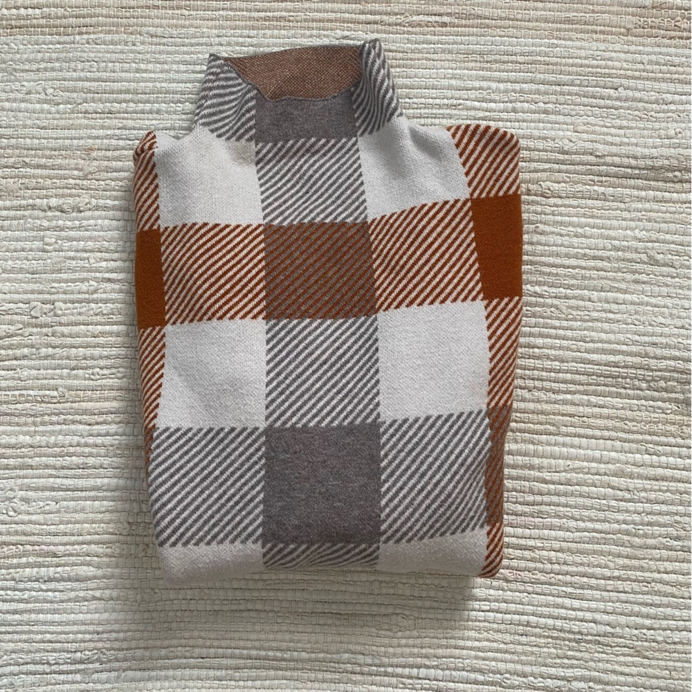 womens brown and white plaid turtle neck sweater size L